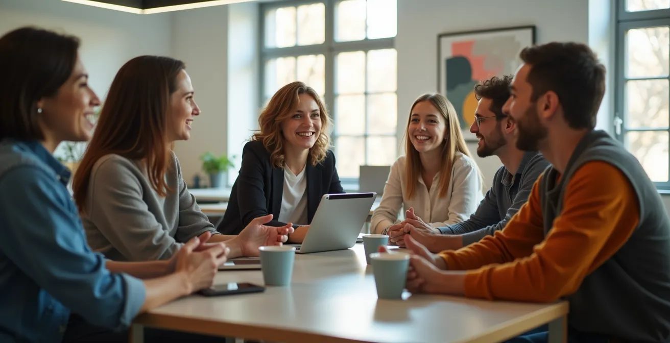 Students and tech professionals networking in the modern, bright collaborative workspace of Hub350.