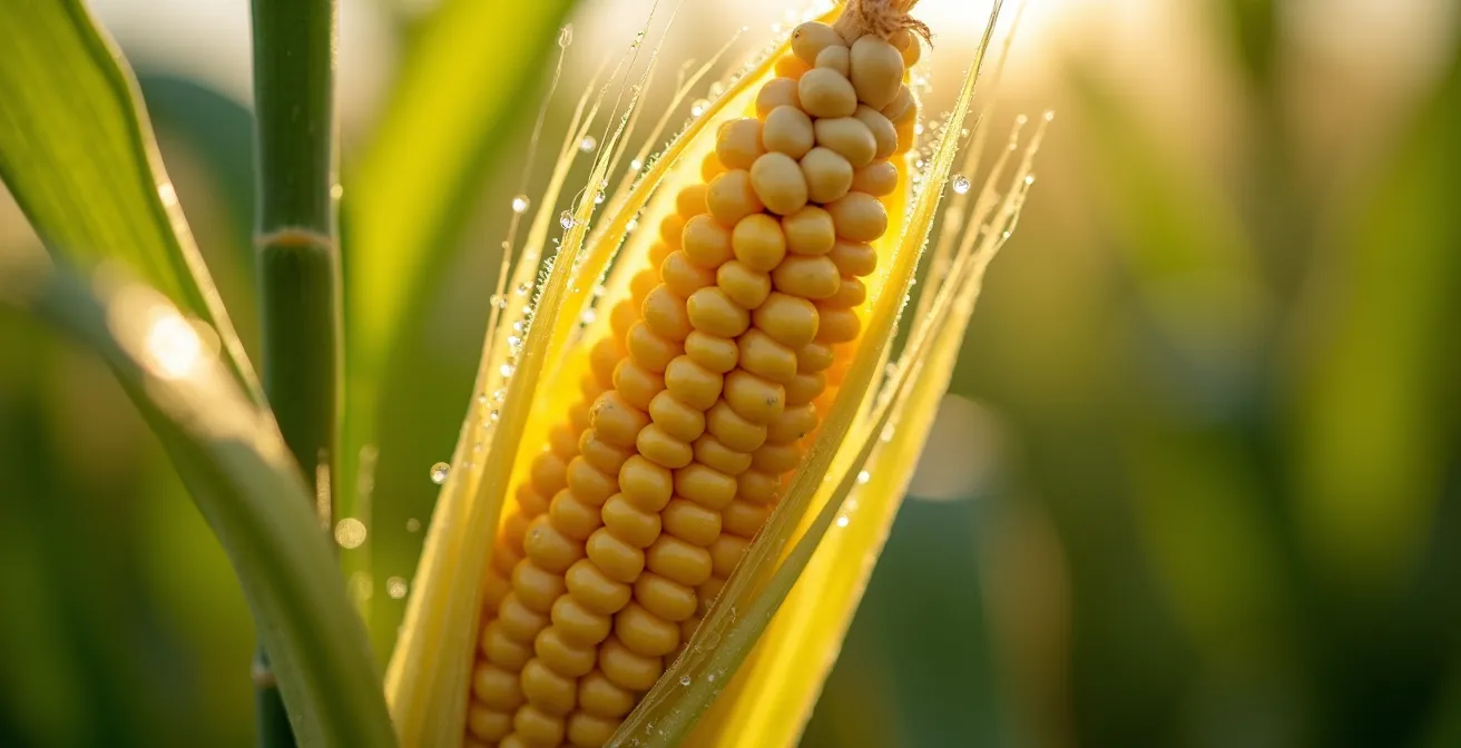 Golden corn fields in Ottawa Valley during peak harvest season with morning mist