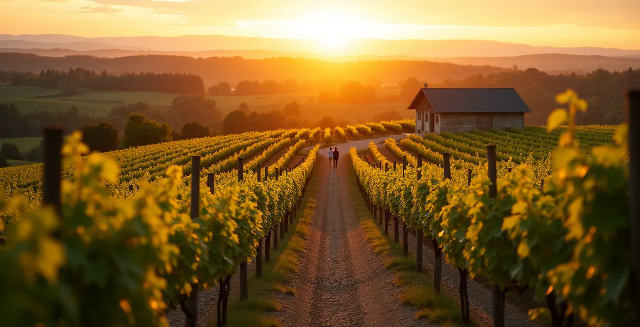 Golden hour view across Ottawa Valley vineyards with rolling hills