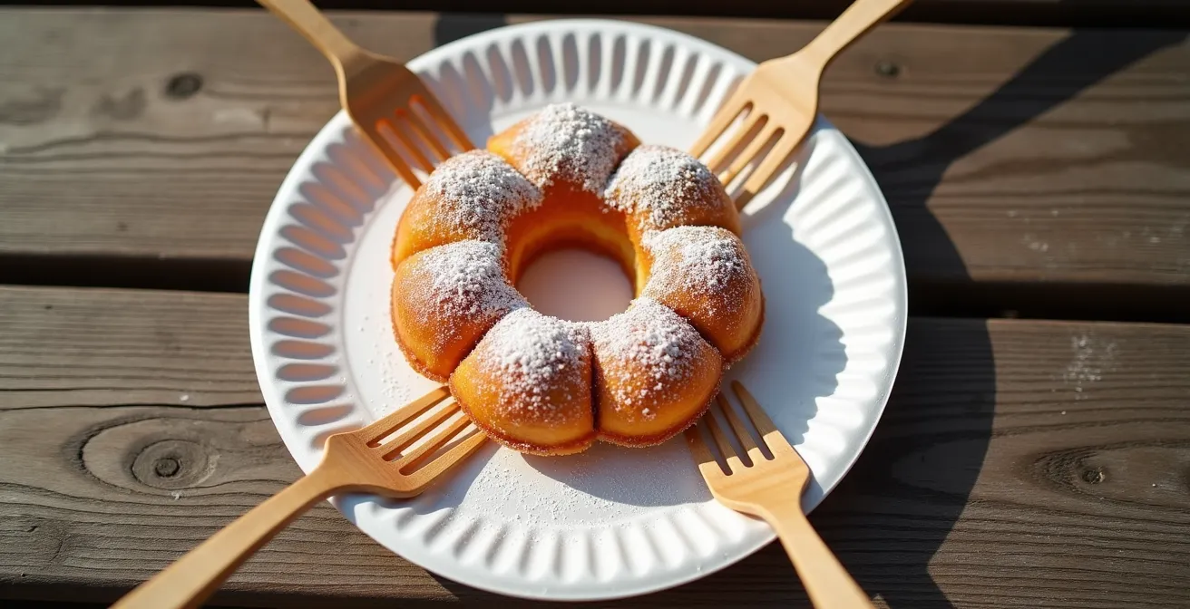 Top-down view of a golden funnel cake on a festival paper plate showing natural division lines