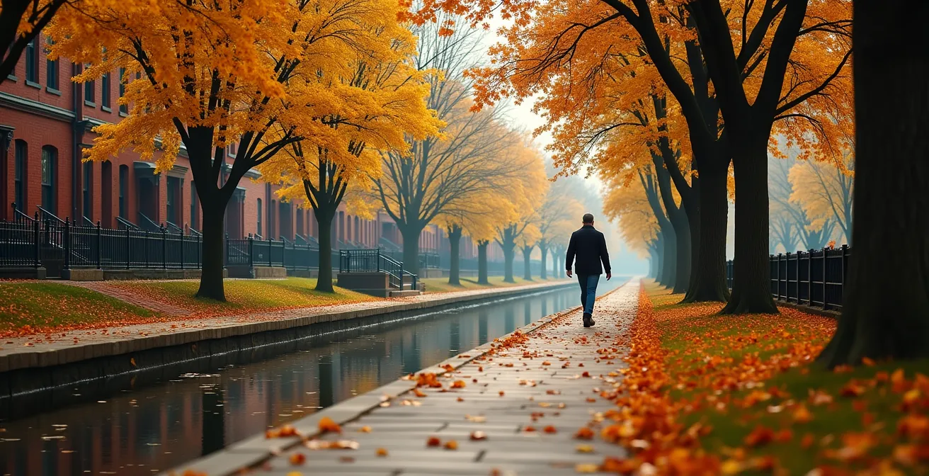 Tree-lined walking path along Patterson Creek with Victorian homes visible through autumn foliage