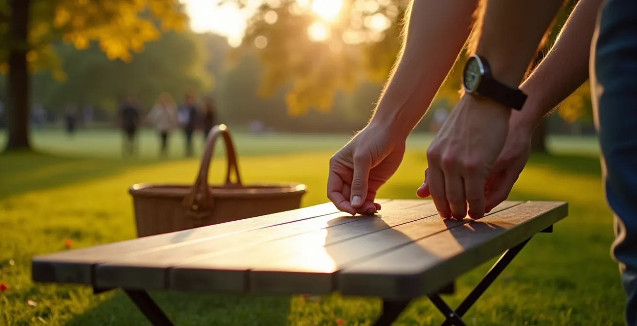 Ultralight portable picnic table being set up in a serene Ottawa park at golden hour