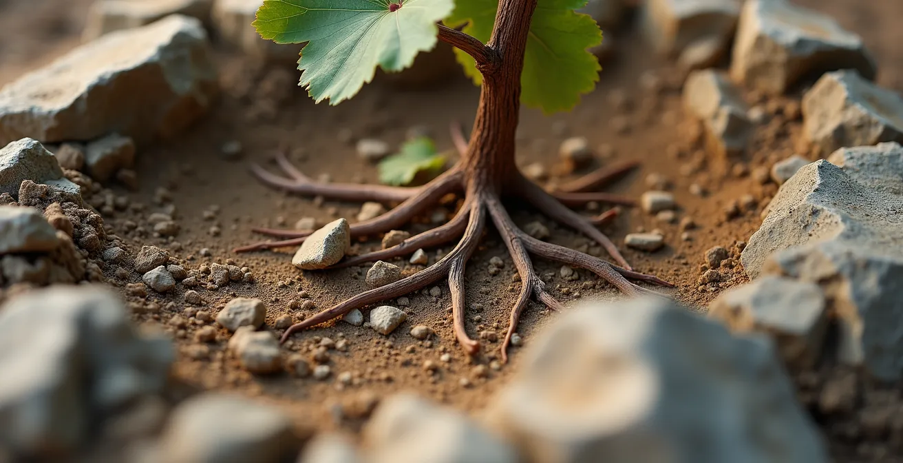 Close-up of limestone-rich soil with grapevine roots extending deep into rocky terrain