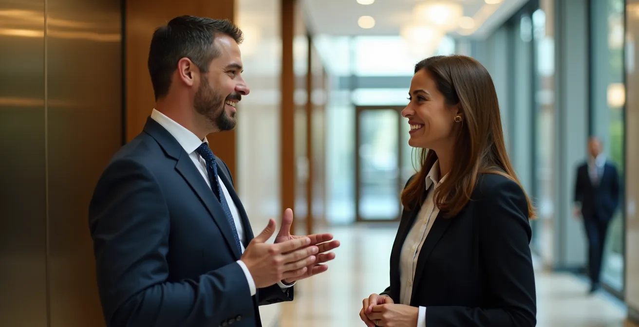 Two professionals having casual conversation near elevator in modern government building