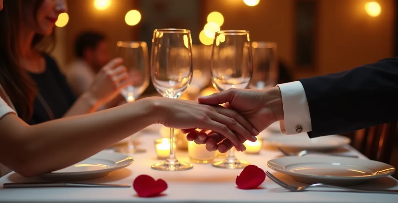 Intimate candlelit table for two with elegant place settings in upscale restaurant
