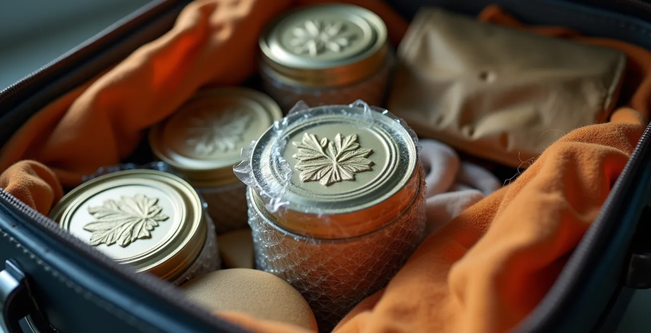 Tin cans of maple syrup wrapped in bubble wrap inside luggage