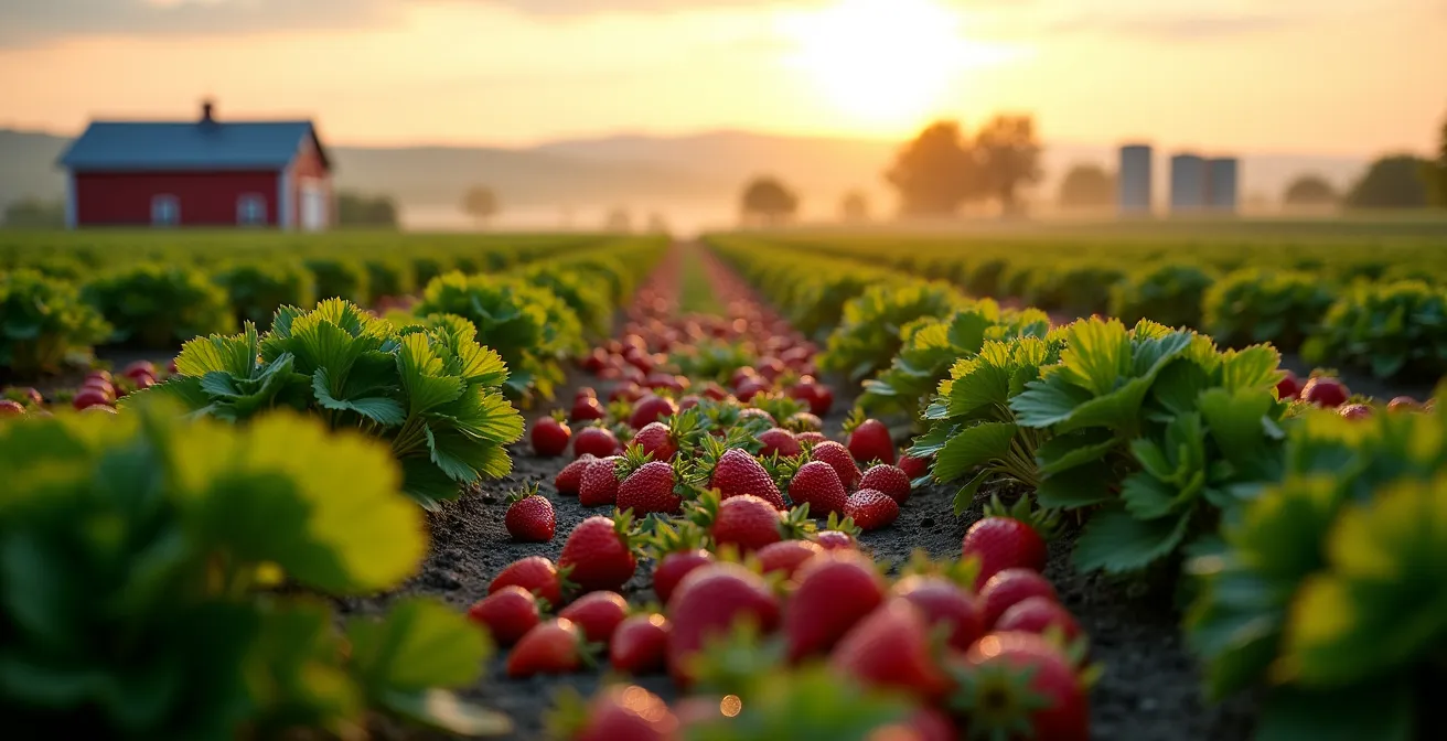 Wide shot of strawberry fields near Ottawa with morning mist and distant farm buildings