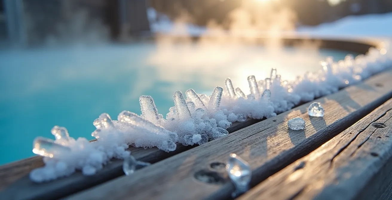 Close-up of ice crystals forming on wooden edge of outdoor cold plunge pool