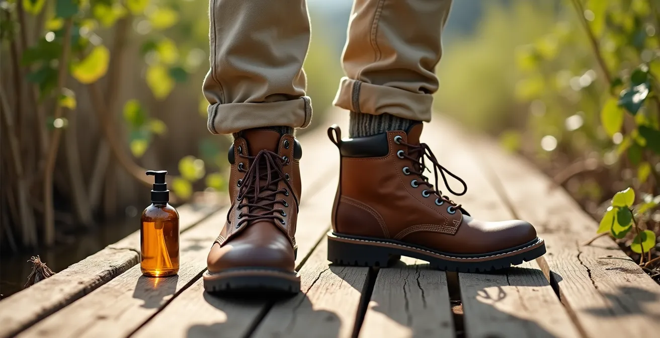 Macro shot of hiking boots with tucked pants and tick prevention spray on wooden boardwalk