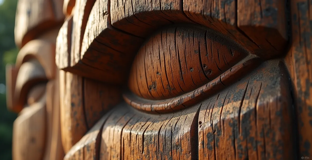 Macro detail of carved totem pole wood texture and patterns in natural museum lighting