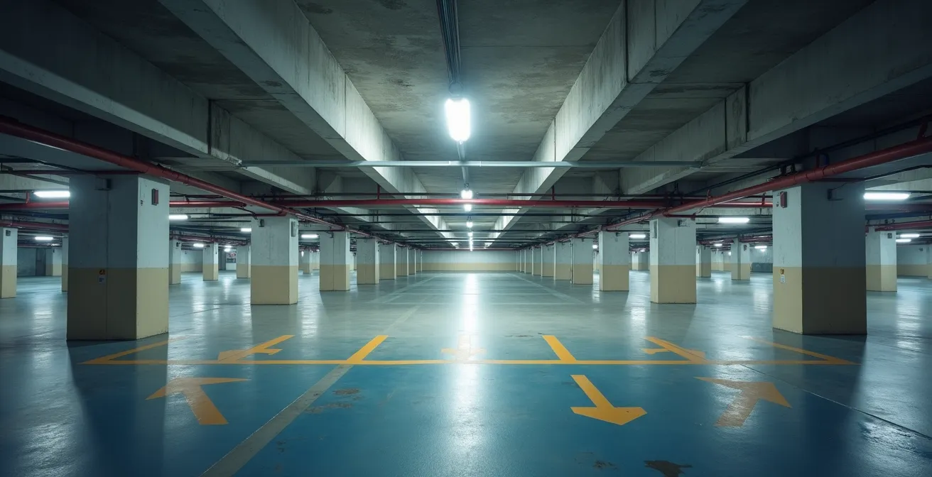 Modern underground parking garage with clear signage and lighting in Ottawa downtown