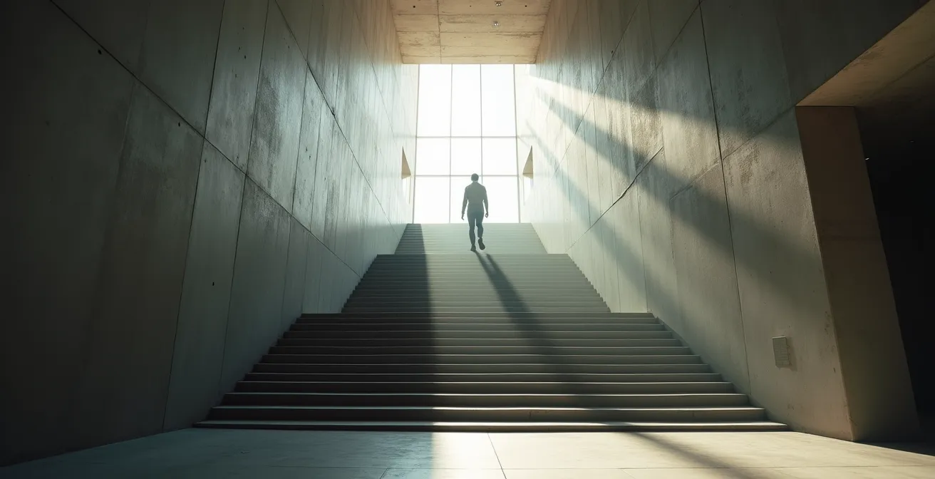 Wide interior perspective showing ascending museum pathway with dramatic lighting