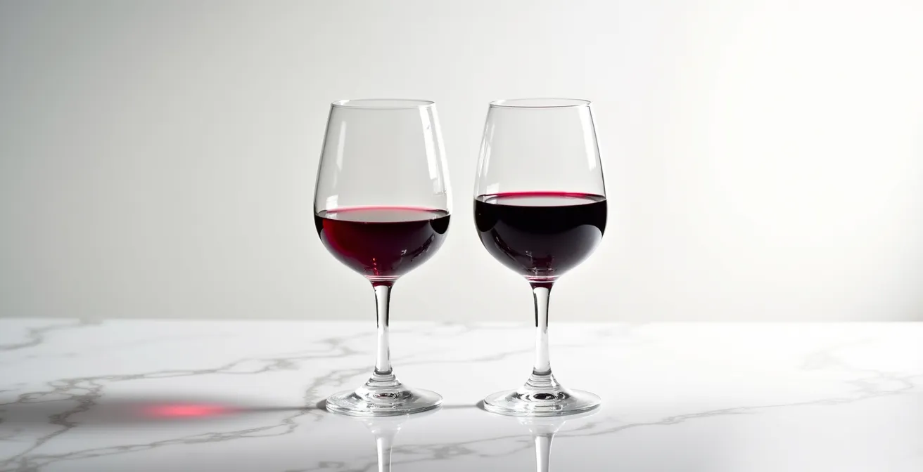 Two wine glasses with different red wines on neutral background showing color variation