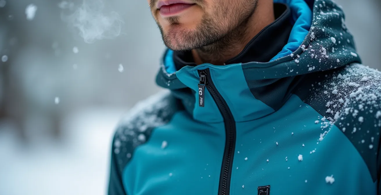 Close-up of runner's torso showing visible layering system with frost on outer shell