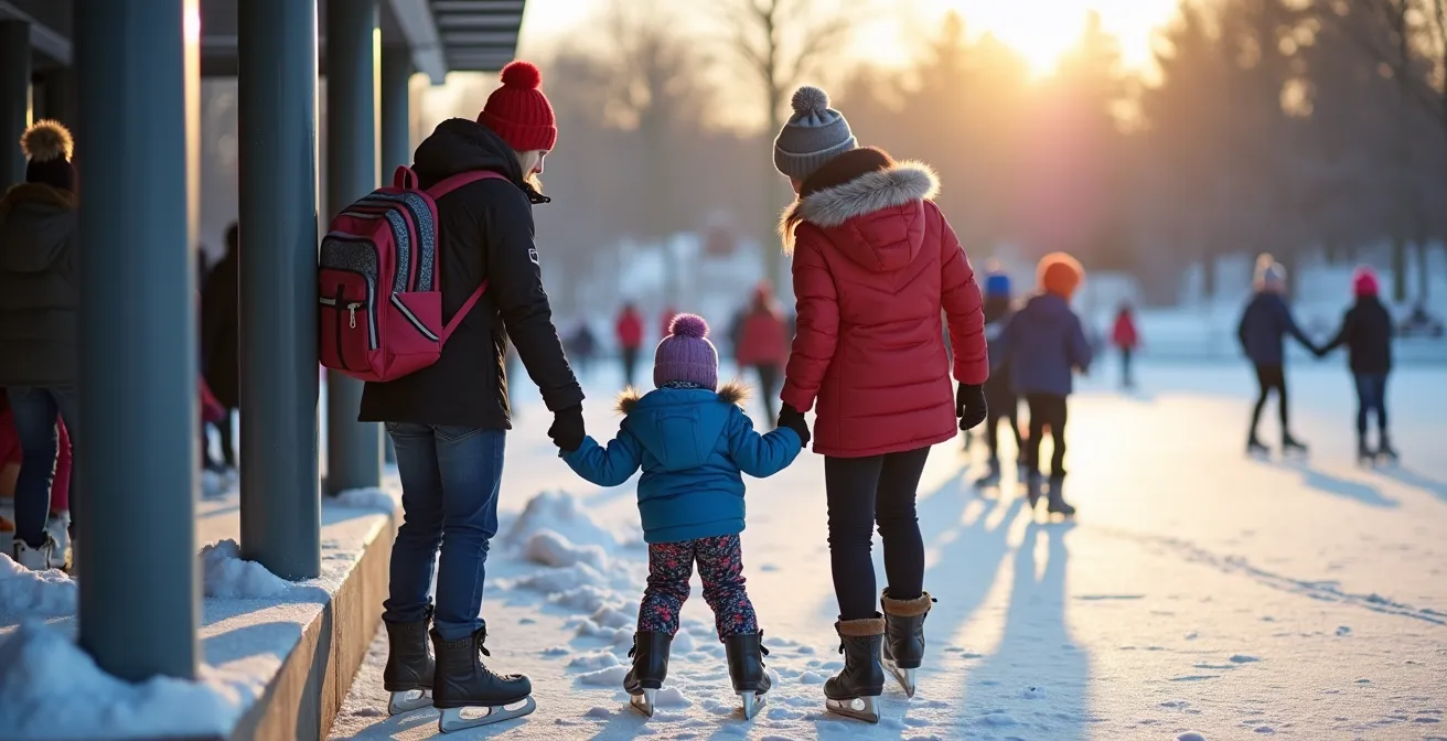 Skaters in proper layered winter gear on the frozen Rideau Canal Skateway with warming huts in the background.