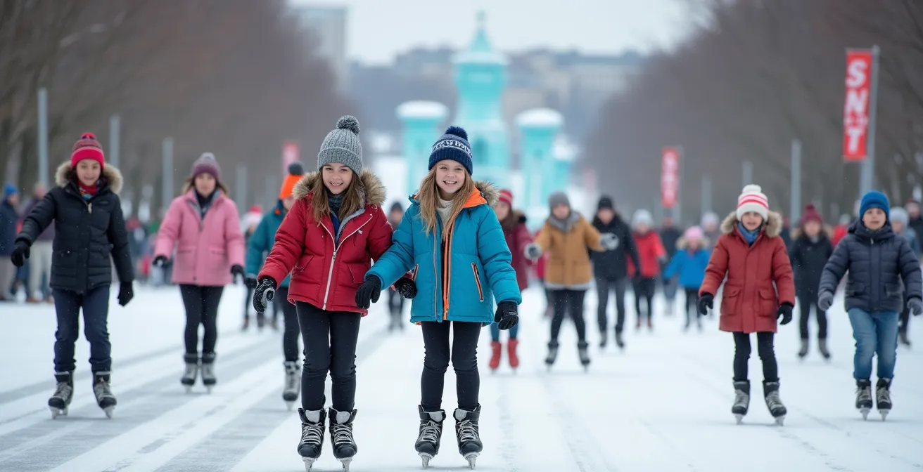 Skaters gliding along the Rideau Canal with festival sites visible in the distance during Winterlude