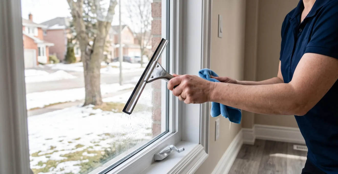 Close-up of professional cleaner using squeegee on residential window glass during final touch-up cleaning stage