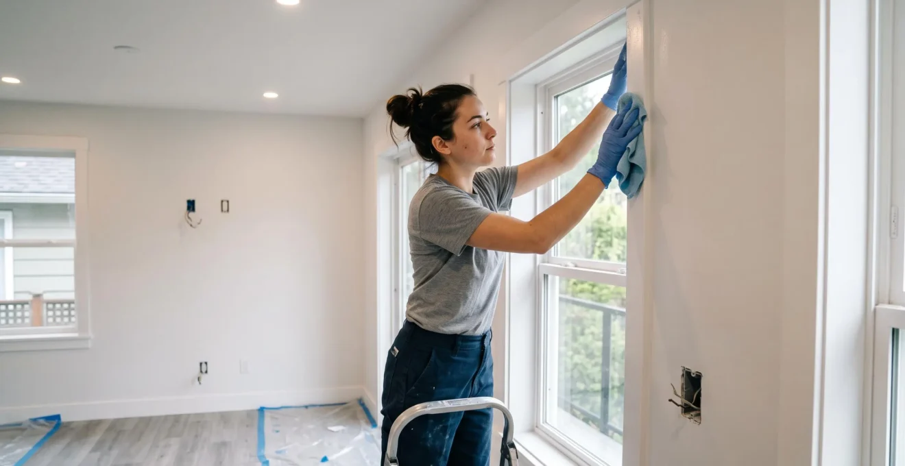 Professional cleaner wiping painted wall and window frame with microfiber cloth during light cleaning stage before final fixtures