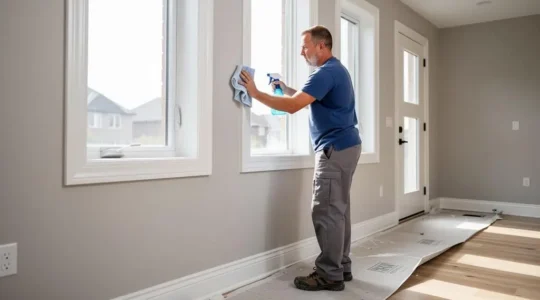 Professional cleaner wiping trim and baseboards in a bright post-construction residential interior in Oakville