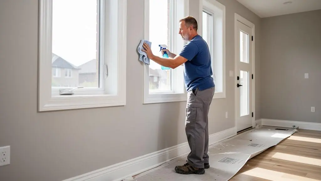 Professional cleaner wiping trim and baseboards in a bright post-construction residential interior in Oakville