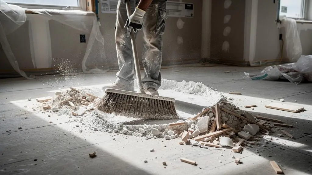 Close-up of professional cleaner sweeping heavy construction debris and drywall dust during rough cleaning stage in unfinished residential space